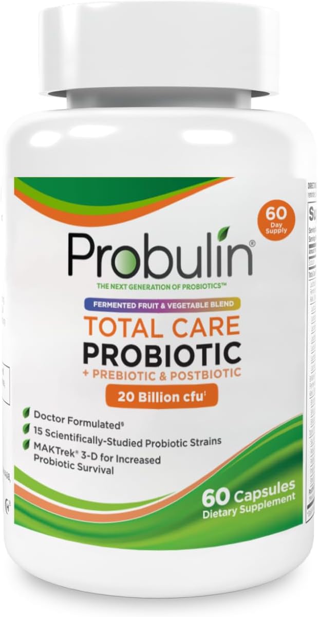 Probulin Total Care Probiotic Supplement, Daily Gut, Digestive, and Immune Health Probiotics Capsules for Men and Women, 20 Billion CFU, Vegan, 60 Count Bottle