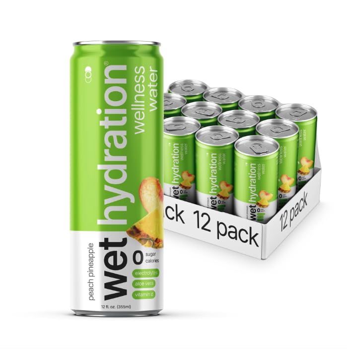 Wet Hydration, Zero Calorie, Functional Wellness Water - Peach Pineapple (12 Ounce Cans, Pack of 12) - Flavored Water, Hydration Drink, No Sugar, No Artificial Ingredients, Zero Calories (Packaging May Vary)