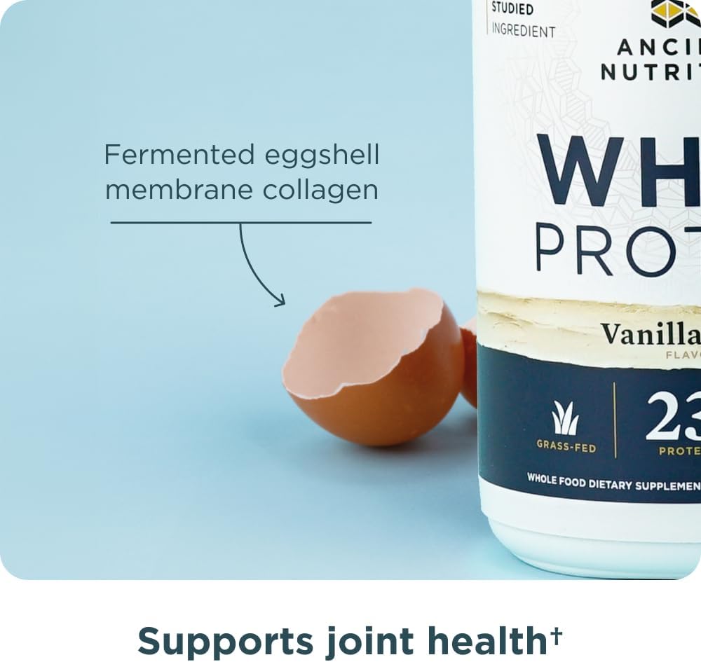 Ancient Nutrition Grass Fed Whey Protein, Vanilla Bean, 23g Protein, 20 Servings, Hydrolyzed Collagen Peptides, Organic Regenerative A2/A2 Milk Protein