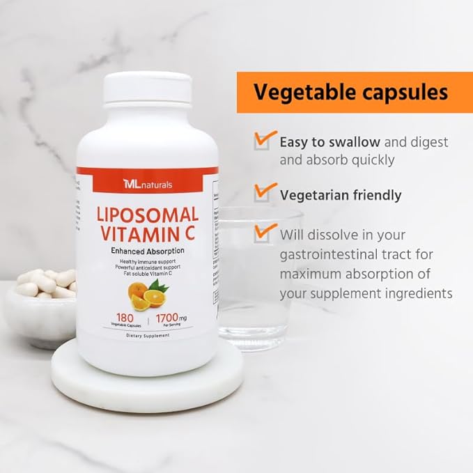 ML Naturals High Potency Liposomal Vitamin C 1,700mg Serving, 180 Vegetable Capsules, High-Potency, Long-Lasting Effect, Gluten-Free