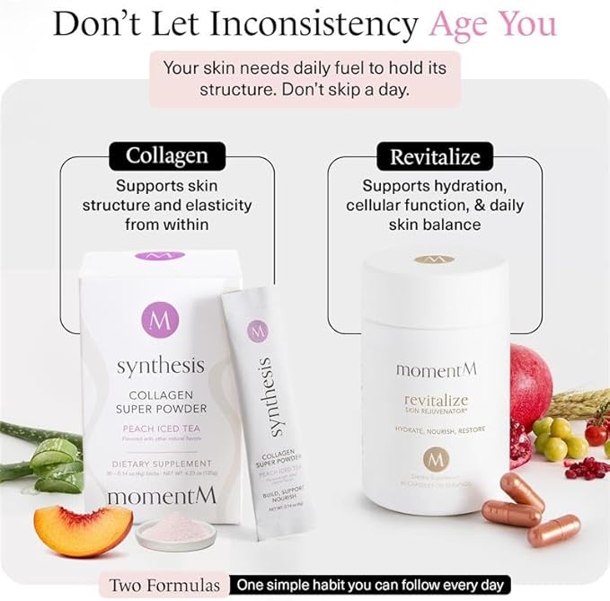 momentM Synthesis Plant Based Collagen for Women & Men - Peptides Powder for Hair, Skin, Nails and Joints - Vegan Hydrolyzed Collagen Peptides Powder with VEGCOL® - Peach Iced Tea (30 Stick Packs)