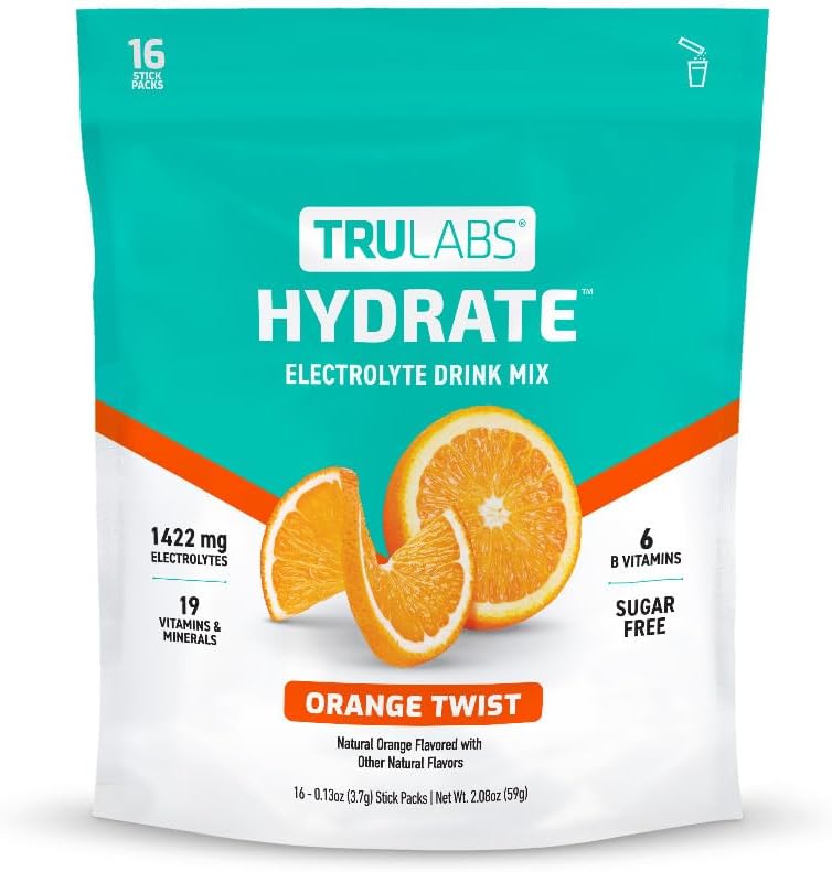 TRULABS Hydrate - Orange Twist. Sugar Free Electrolytes Hydration Packets. Each Serving Contains 1422 mg of Electrolytes &19 Vitamins & Minerals (16 ct)