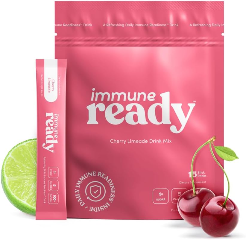 Immune Ready™ Immune Boost Drink Mix - Combo Immune Support, Gut Health, & Electrolyte Powder Packets with Vitamin C, Beta Glucan, Zinc, D3, Pre & Probiotics - Cherry Limeade - 15 Pack