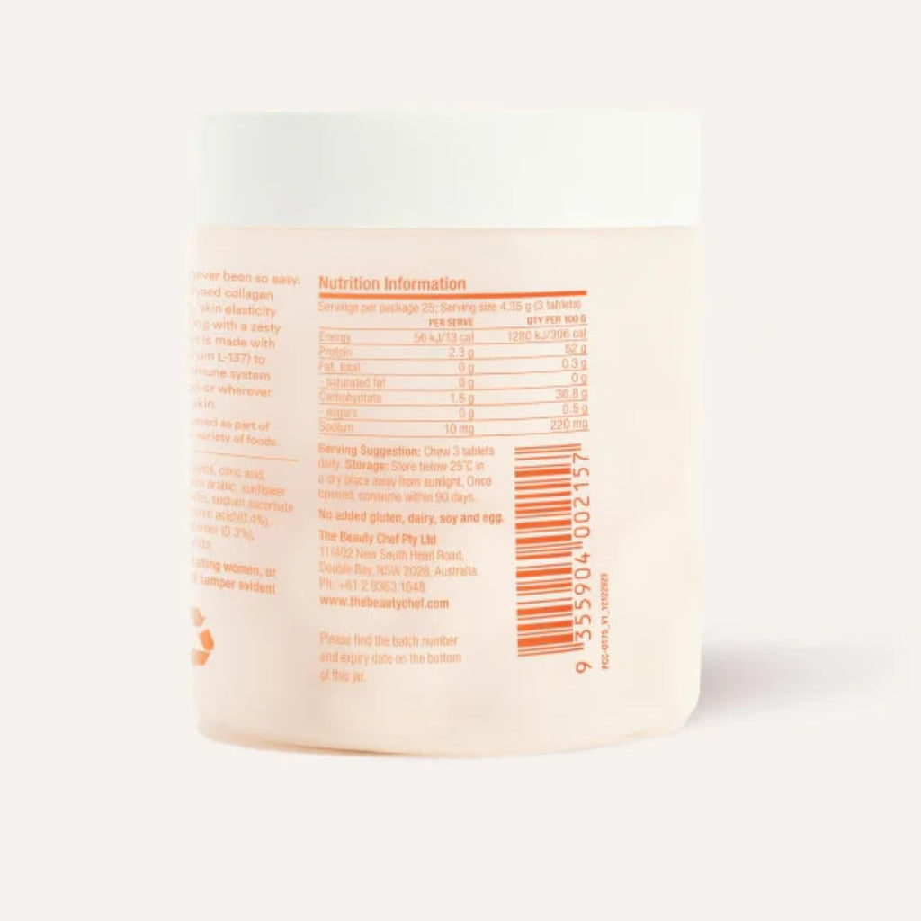 The Beauty Chef Plumpers™ Collagen Chewable Tablets with Hyaluronic Acid & Postbiotic, Supports Skin Elasticity & Collagen, Women's Multivitamin, Collagen Peptides, 75 Tablets (Orange & Turmeric)