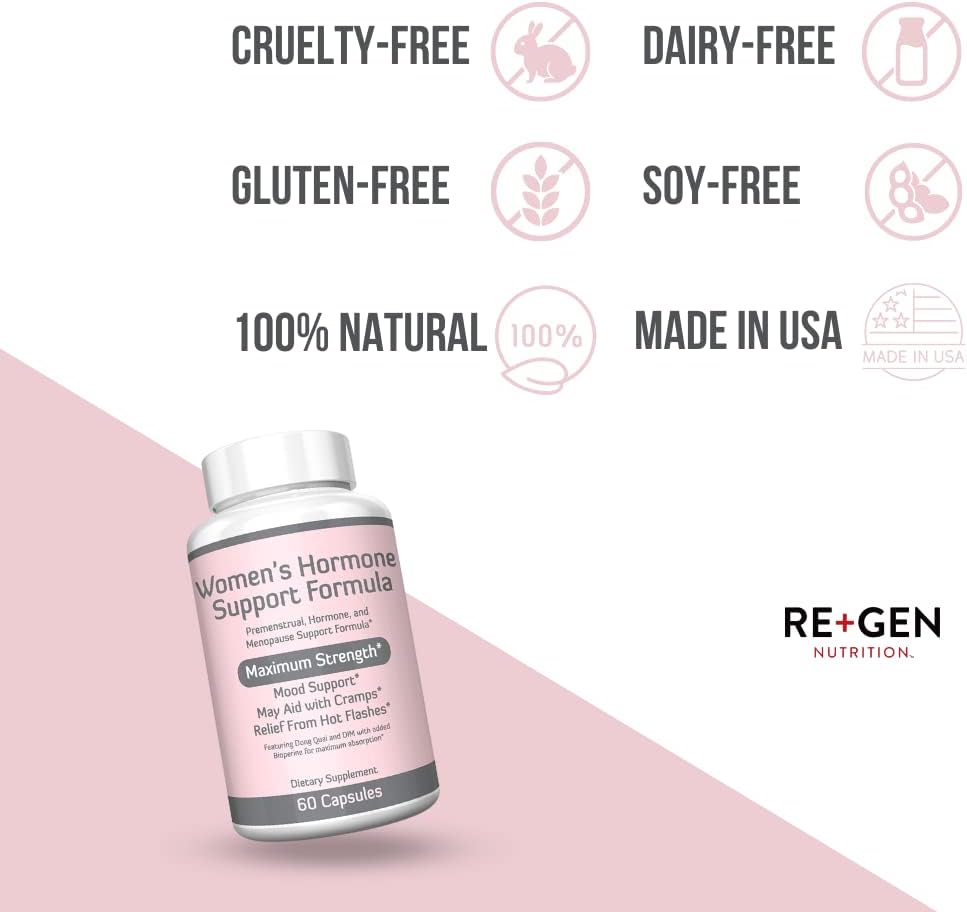 Re+Gen Nutrition Women's Hormone Balance Support, Supplement with Vitamin E, Dong Quai, and DIM 200mg with BioPerine, PMS, Hot Flashes, Mood Swings, Night Sweats Support, 60 Capsules, 2 Month Supply