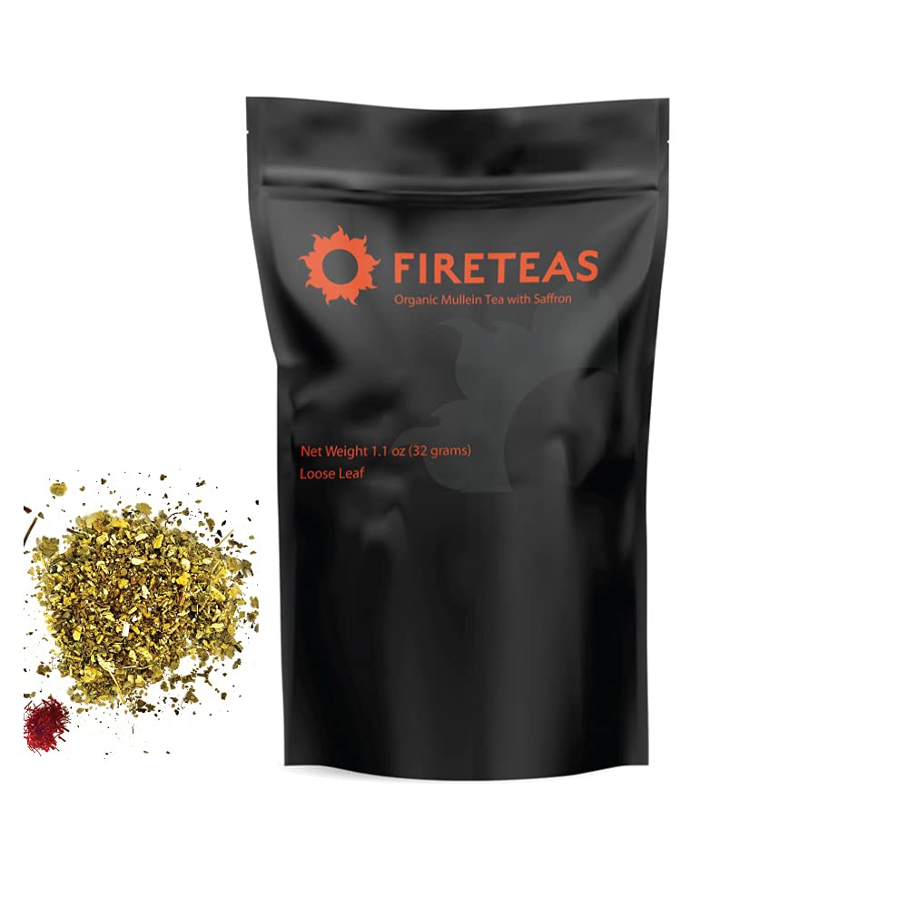 FIRE TEAS Organic Mullein Leaf Herbal Tea w/Ginger & Saffron - Respiratory & Lung Cleanse Herbal Tea, Mucous Membranes Support, Great Health Benefits, Loose Leaf -