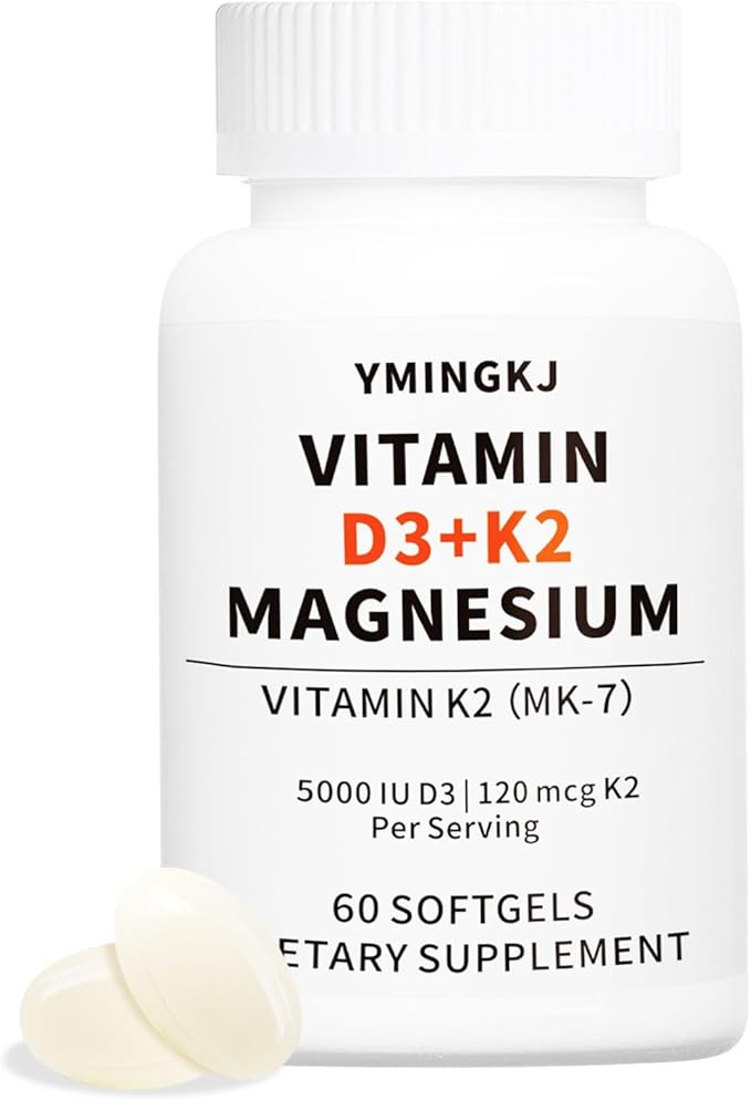 Vitamin D3 K2 5000 IU 60 Softgels with Magnesium Supplement - & 120mcg MK-7 K2 for Bone Health & Immune Support - Non-GMO & Gluten-Free Softgels with MCT Oil