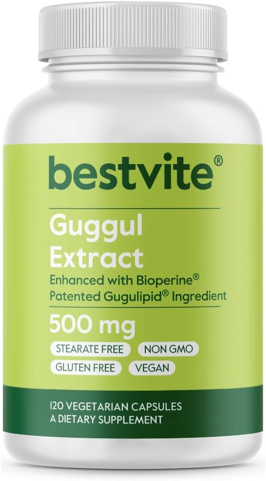 Guggul Extract 500mg (120 Vegetarian Capsules) - Backed by Clinical Research, Patented and Standardized, Enhanced by Bioperine - No Fillers - No Stearates - Vegan - Non GMO - Gluten Free