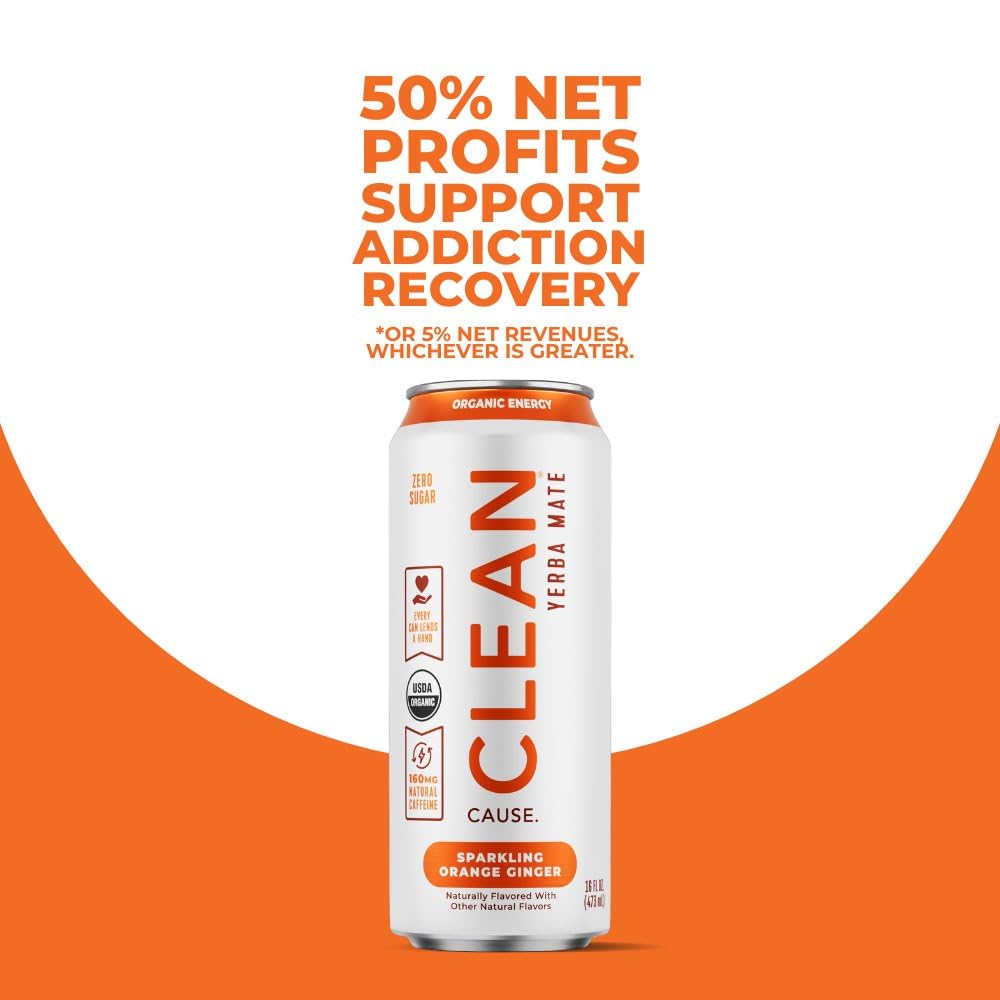 CLEAN Cause Zero Sugar Orange Ginger Yerba Mate Tea Sparkling, USDA Organic Energy Drink Alternative, Zero Calorie, 160mg Natural Caffeine, Soda Alternative, Plant-Based (16oz cans, 12-Pack Case)