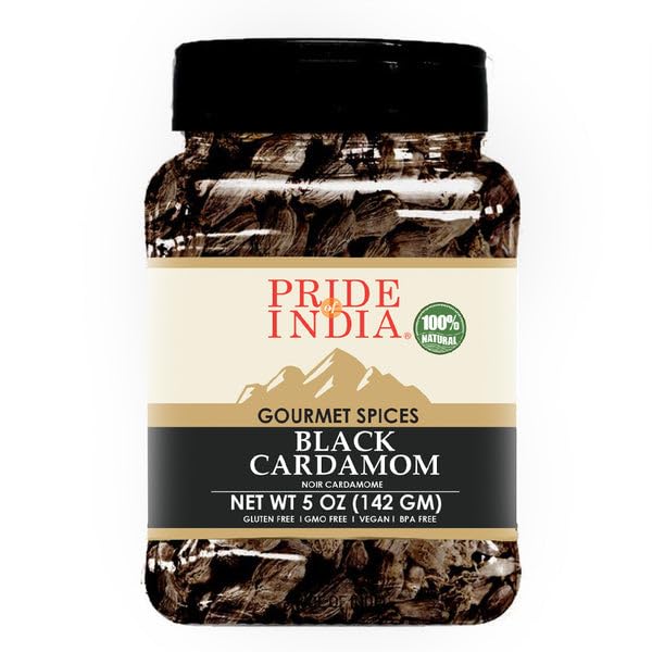 Pride of India - PACK of 6 - Black Cardamom Whole 5 oz (142 gm) – Cardamom Pods – Firm & Smoky Flavor – Freshly Dried – Ideal for Indian & Asian Cooking – Easy to Use – Medium Dual Sifter Bottle