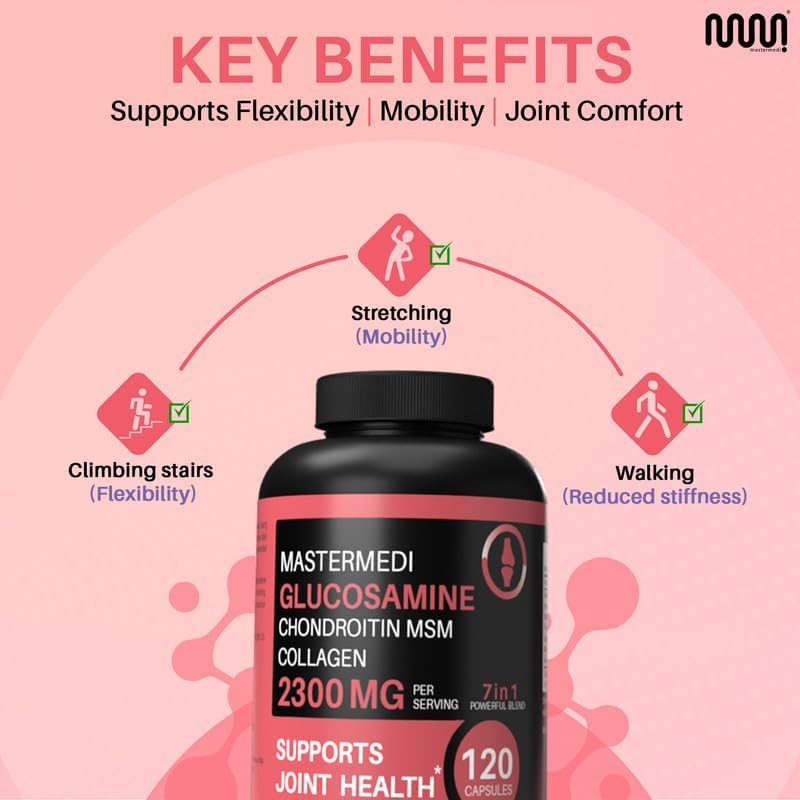 mastermedi Glucosamine Chondroitin MSM Collagen Capsules – 2300mg Joint Support Formula – with Turmeric, Boswellia, Hyaluronic Acid – Mobility & Flexibility Support – 120 Capsules, 30-Day Supply