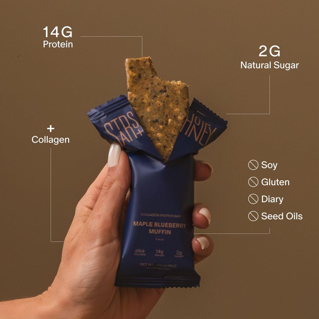 Stars + Honey Protein Bars - Maple Blueberry Muffin,14g Protein, 2g Sugar, w/Collagen Keto Friendly Snack - Gluten, Dairy, Seed Oil, & Soy Free - High-Protein Snacks for Energy & Recovery -10 pack