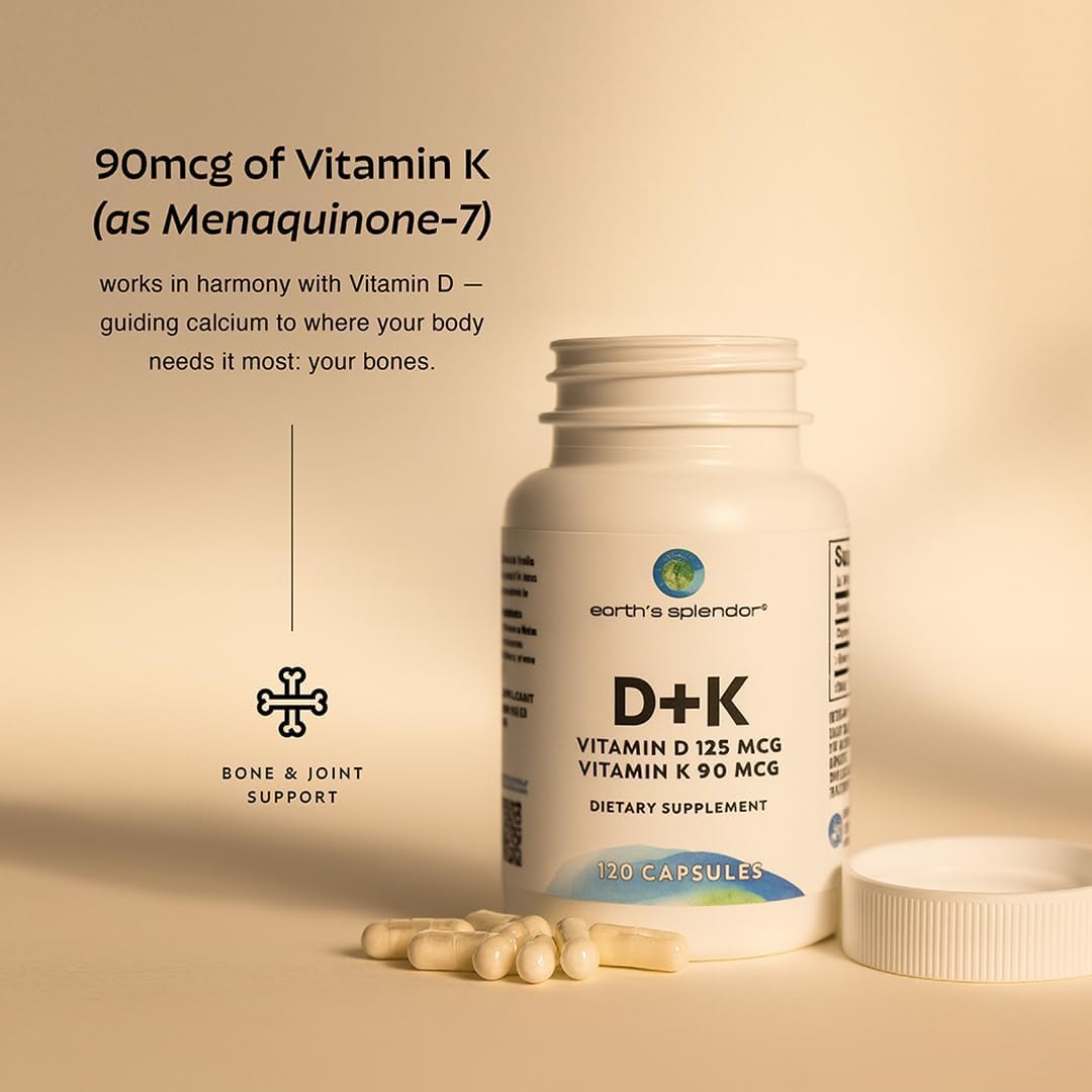 Earth's Splendor Vitamin D + K, 120 Capsules, Contains D 120mcg of Vitamin D3 and 90mcg Vitamin K2, 4 Month Supply