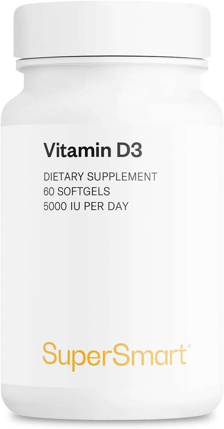 Supersmart - Vitamin D3 5000 IU per Day (125mcg) - High Potency & Bioavailability - with Sunflower Oil | Non-GMO & Gluten Free - 60 Softgels
