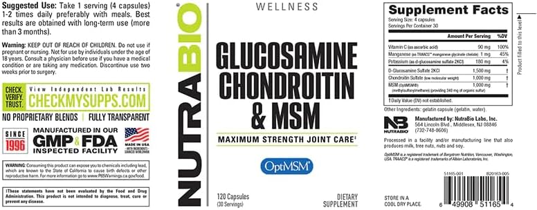 NutraBio Glucosamine Chondroitin & OptiMSM Supplement, Joint Support Formula - 120 Capsules (120 Count)
