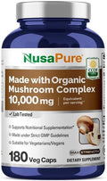 NusaPure Organic Mushroom Complex 10,000mg per Capsule, 180 Veggie Caps, Non-GMO, Enoki, Turkey Tail, Reishi, Chaga, Maitake
