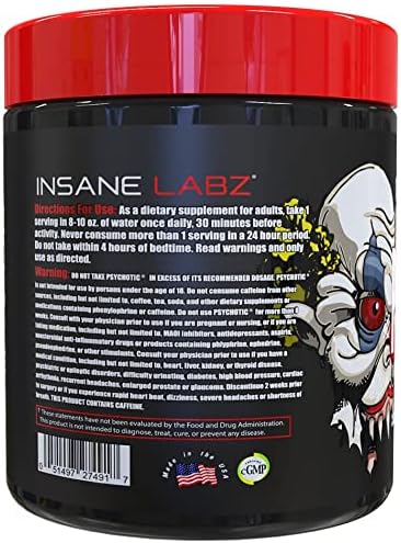 Insane Labz Psychotic, High Stimulant Pre Workout Powder, Extreme Lasting Energy, Focus and Endurance with Beta Alanine, Creatine Monohydrate DMAE, 35 Srvgs (Blue Raspberry)