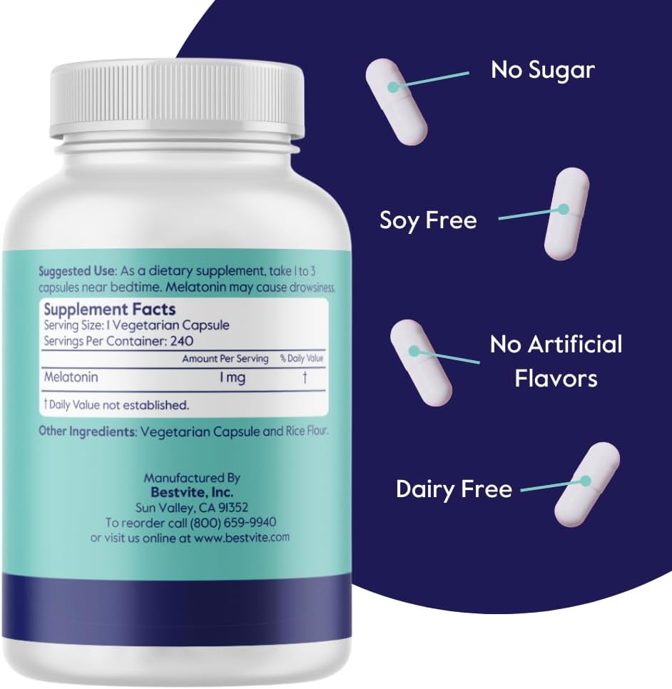 BESTVITE Melatonin 1 mg (240 Vegetarian Capsules) - No Stearates - No Sucralose, No Dextrose, No Silicon Dioxide, No Mannitol - Vegan - Non-GMO - Gluten-Free