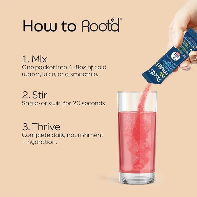 Root'd Multivitamin Powder for Men - 24 Vitamins & Minerals with 3X Electrolytes, 9 Organic Superfoods, Probiotics & Enzymes, Sugar-Free Multivitamin & Hydration | 30 Vitamin Drink Mix Packets