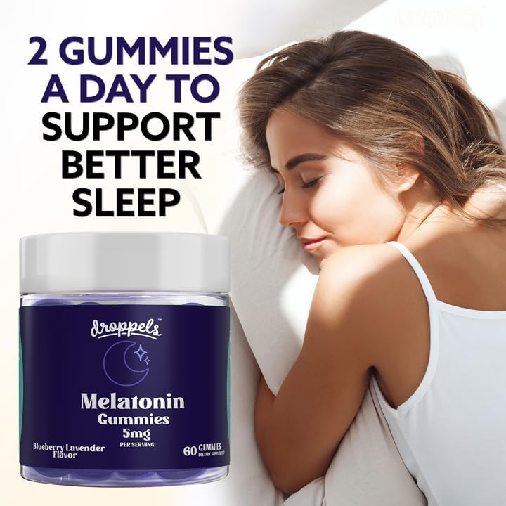 Droppels Melatonin Gummies, 5mg – Plant-Based, Vegan Melatonin 5mg for Natural Sleep Support with Chamomile Extract, 60 Count, Blueberry Flavor (1-Month Supply)