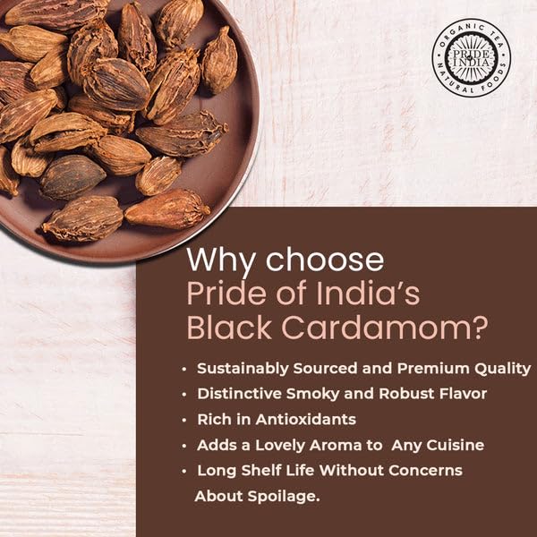 Pride of India - PACK of 6 - Black Cardamom Whole 5 oz (142 gm) – Cardamom Pods – Firm & Smoky Flavor – Freshly Dried – Ideal for Indian & Asian Cooking – Easy to Use – Medium Dual Sifter Bottle