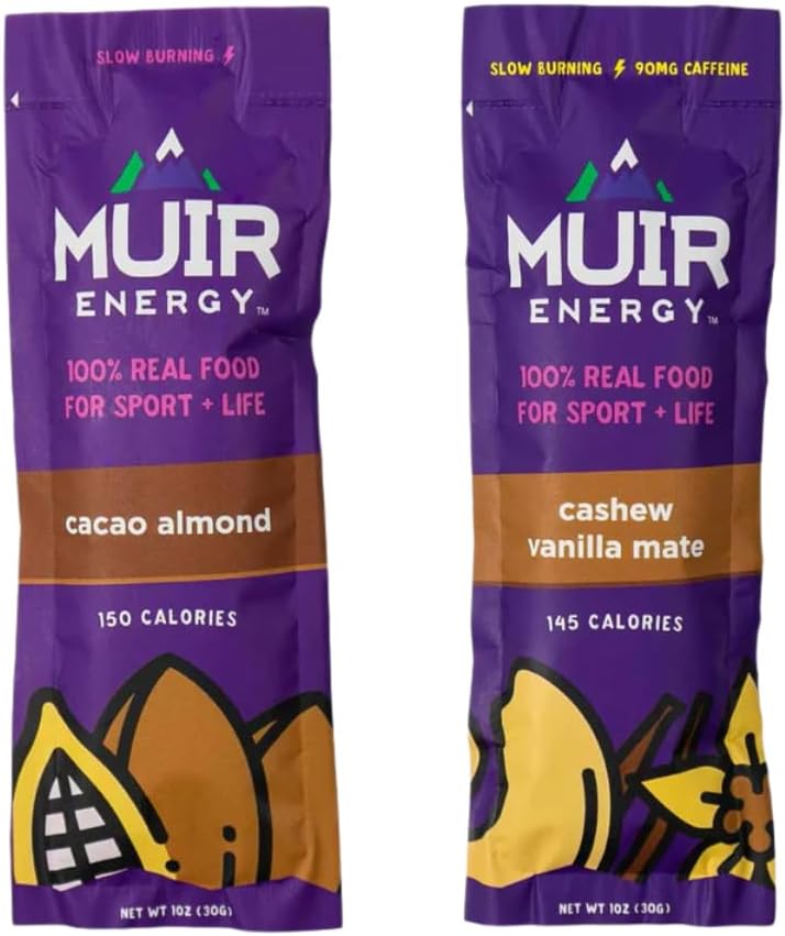 MUIR Slow Burn Variety Gel Pack - 24 Count (12 Cacao Almond, 12 Cashew Vanilla Mate) - Organic Real Food Energy Gel for Running, Cycling & Endurance - Long-Lasting, Easy-to-Digest, Vegan, Non-GMO