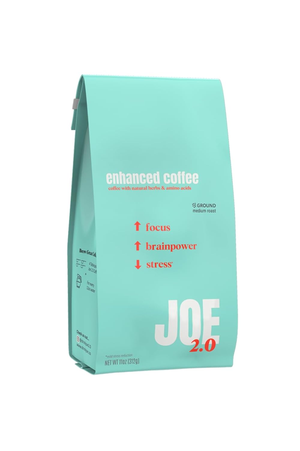 Joe 2.0 - Mushroom Coffee with Lion’s Mane & Ashwagandha – Nootropic Ground Coffee for Focus, Calm Energy & Clarity – Joe 2.0 Medium Roast – 20 Servings (11 oz)