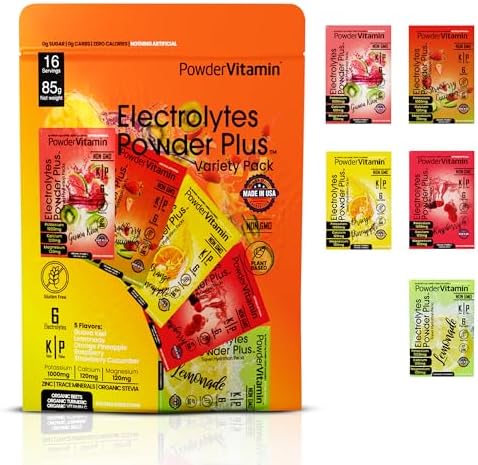 PowderVitamin Electrolytes Powder Plus, Keto, Variety Pack A, Sugar Free, Pink Himalayan Salt, 1000mg Potassium, 120mg Calcium, 120mg Magnesium, Non-GMO, Zero Calories, (16 Hydration Packets)