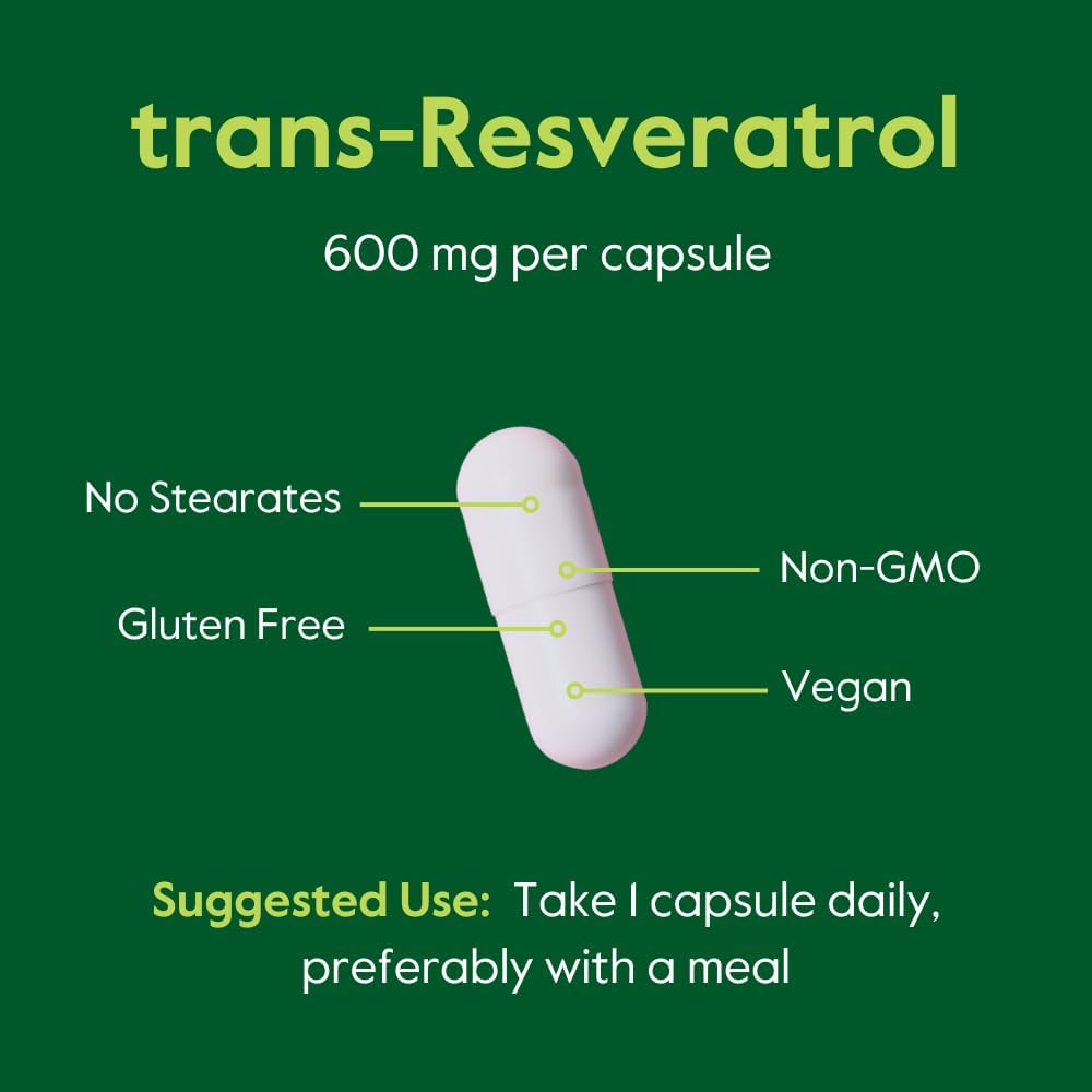 BESTVITE Resveratrol 600mg (60 Vegetarian Capsules) - 98% Pure Trans-Resveratrol - No Stearates- Vegan - Gluten Free - Non GMO
