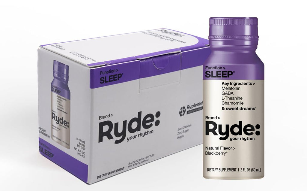 Ryde: SLEEP | 2oz Sleep Shot for Occasional Use | Melatonin, GABA, L-Theanine & Chamomile | Blackberry Natural Flavor | Sugar-Free, Zero Calories, Vegan | Manufactured in USA (24 Pack)