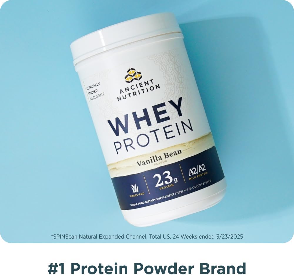Ancient Nutrition Grass Fed Whey Protein, Milk Chocolate, 23g Protein, 20 Servings, Hydrolyzed Collagen Peptides, Organic Regenerative A2/A2 Milk Protein