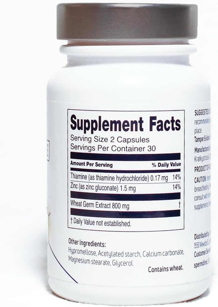 LONGEVITY LABS + spermidineLIFE Natural Supplement, Non-Synthetic Plant-Based Wheat Germ Extract with High Spermidine & Zinc for Cell Renewal, Vegan, for Women & Men, 60 Capsules
