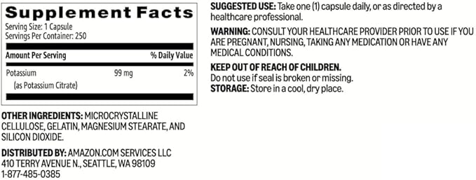 Amazon Basics Potassium Heart Health Caplets, 99 mg 250 Count