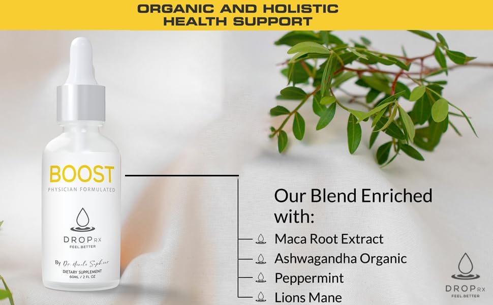 DropRx Boost by Dr. Nicole Saphier – Maca Root, Ashwagandha, Lions Mane & Peppermint Leaf Extract for Vitality Support, Non-GMO, Vegan, Gluten-Free, Kosher, Made in USA (2 Fl Oz)