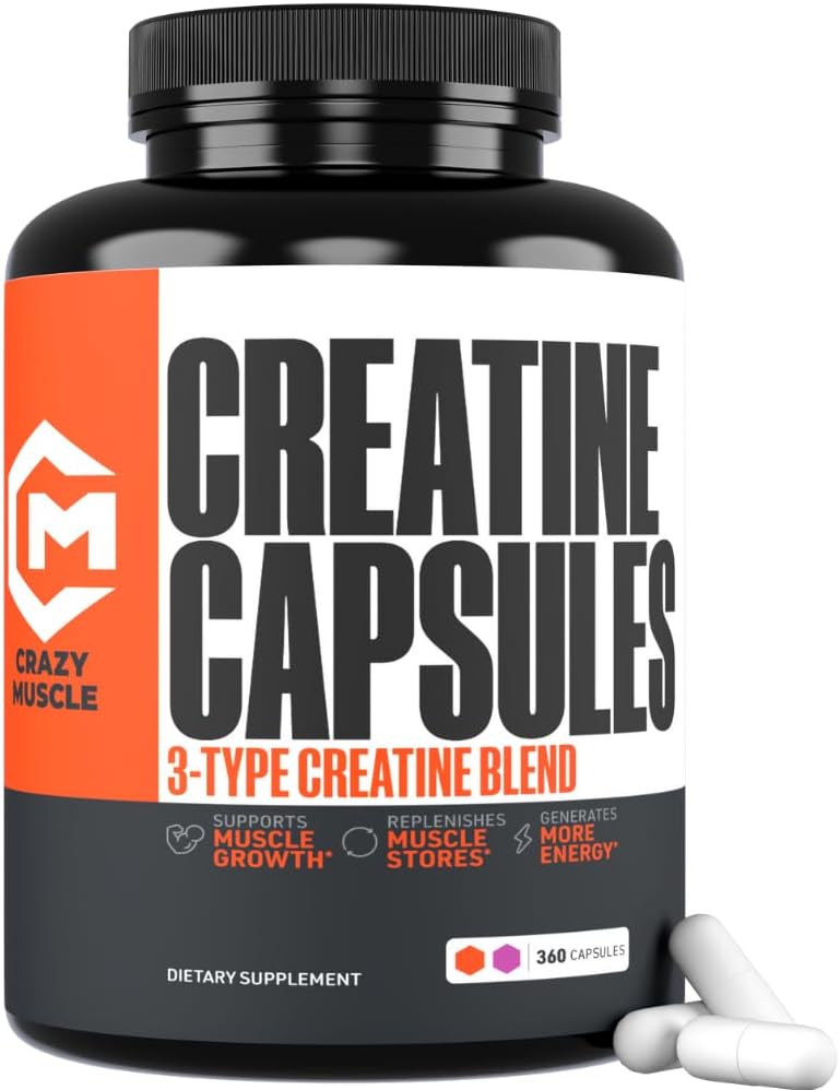 Crazy Muscle Creatine Capsules, 5g of Premium 3X ThreeAtine Pre Workout Bulk Mass Gainer, High Absorption Easy to Take Creatine Monohydrate, Optimum Performance for Men Women, 360 Capsules