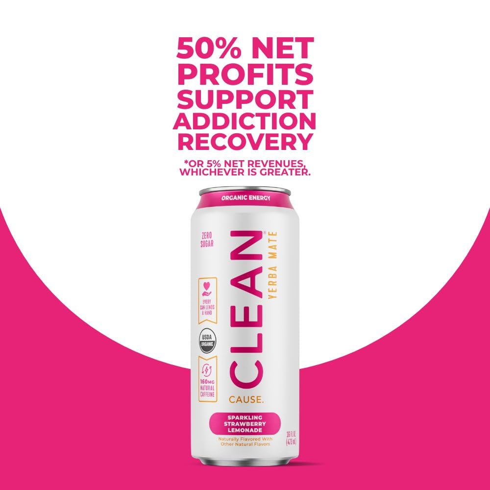 NEW CLEAN Cause Zero Sugar Strawberry Lemonade Yerba Mate Tea Sparkling, USDA Organic Energy Drink Alternative, Zero Calorie, 160mg Natural Caffeine, Soda Alternative (16oz cans, 12-Pack Case)
