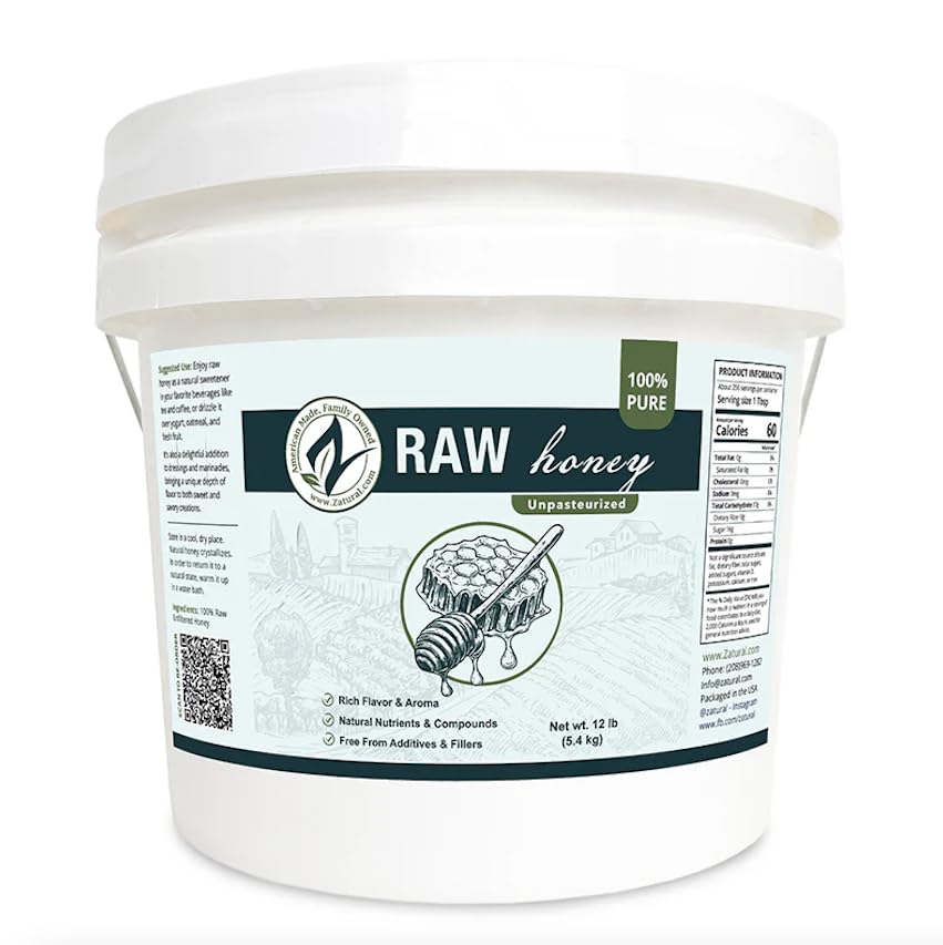 Zatural 100% Pure, Raw & Unfiltered Honey - Delicous Taste, Easy To Use Bucket ~1 Gallon (12 Pounds)