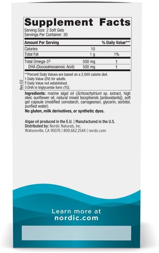 Nordic Naturals Algae DHA - 60 Soft Gels - 500 mg Omega-3 DHA - Certified Vegan Algae Oil - Plant-Based DHA - Brain, Eye & Nervous System Support - Non-GMO - 30 Servings
