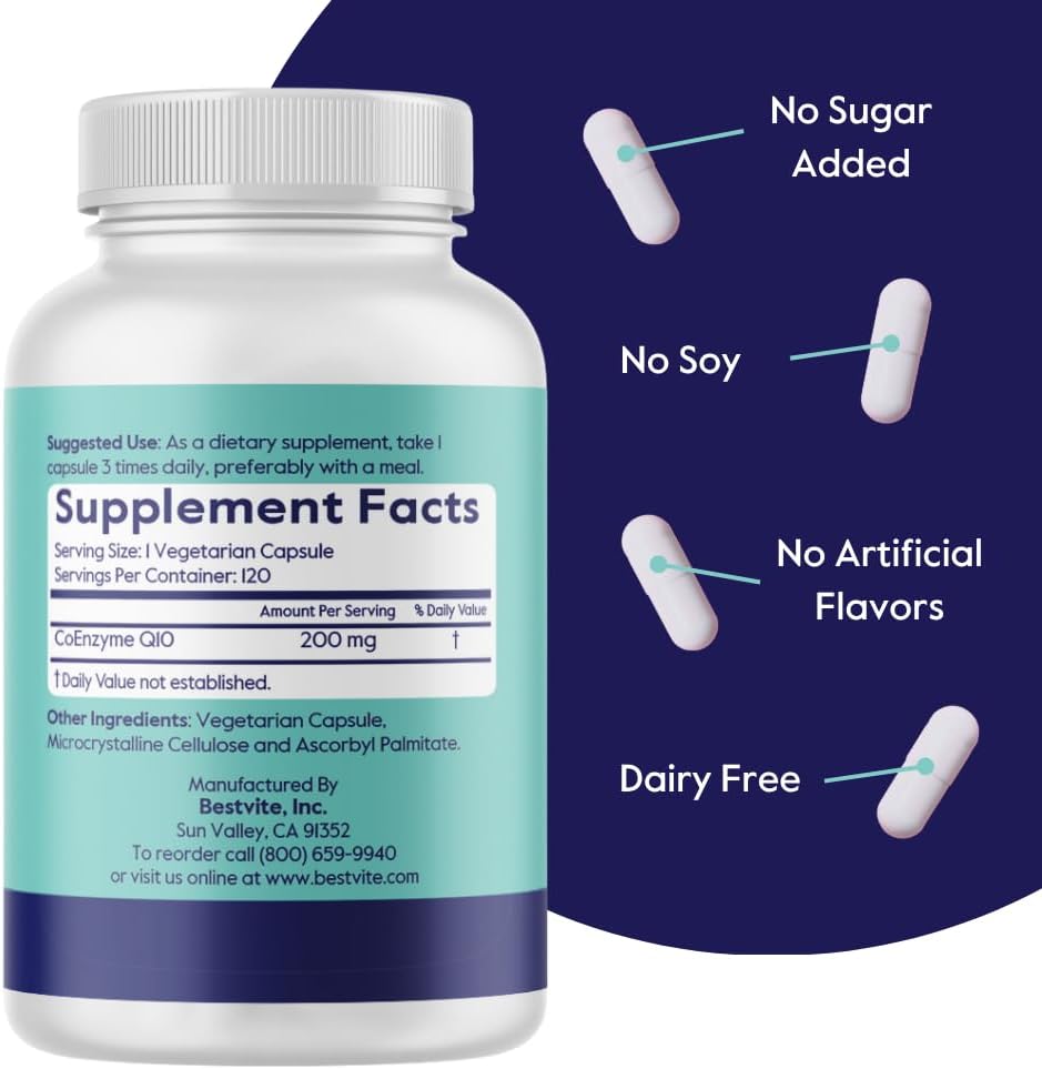 BESTVITE CoQ10 200mg (120 Vegetarian Capsules) Naturally Fermented - No Stearates - Vegan - Gluten Free - Non GMO