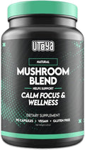 UTOYA Natural Mushroom Blend Supplements - Lions Mane Supplement Capsules with Reishi, Cordyceps, More for Calm, Focus and Wellness - Non-GMO Vegan/Gluten Free Multi Mushroom Supplement - 90 Capsules