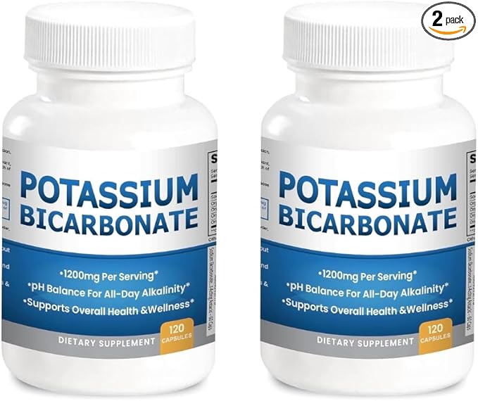 Pure Potassium Bicarbonate Supplement Capsules pH Balance Pills, High Potassium Electrolytes 1200mg Serv. USA Made Potassium Bicarbonate Food Grade, Acid-Alkaline Balance Immunity Endurance 2-Pack