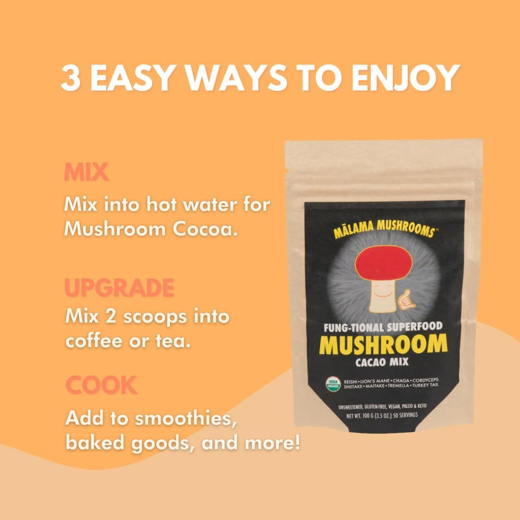 Malama 8-Mushroom Hot Cacao Mix, Organic Chocolate Blend Mushroom Powder for Focus & Inmune Support – with Lion's Mane, Reishi, Chaga, Turkey Tail – Vegan Supplement, 3.5 oz (50 Servings)