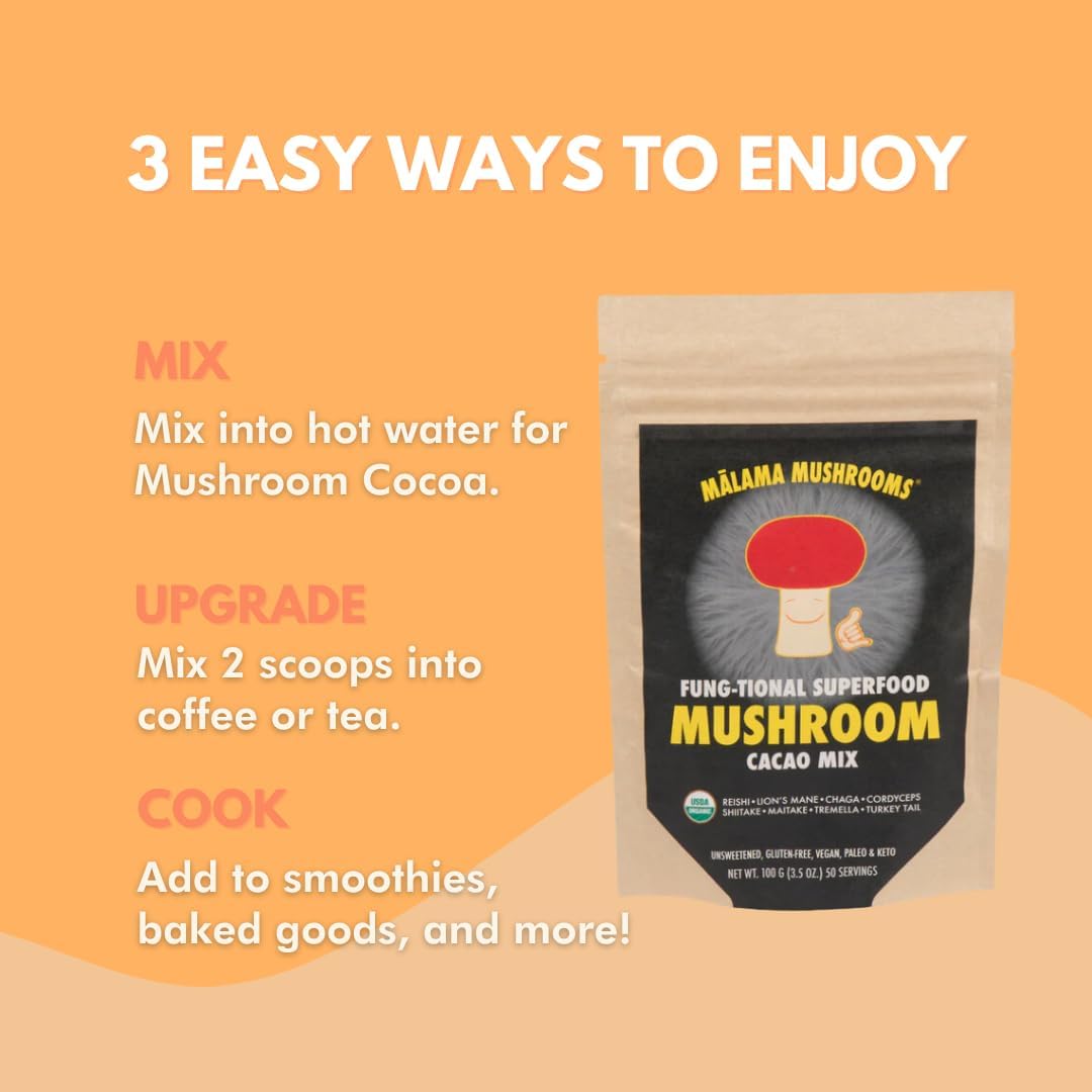 Malama 8-Mushroom Hot Cacao Mix, Organic Chocolate Blend Mushroom Powder for Focus & Inmune Support – with Lion's Mane, Reishi, Chaga, Turkey Tail – Vegan Supplement, 3.5 oz (50 Servings)