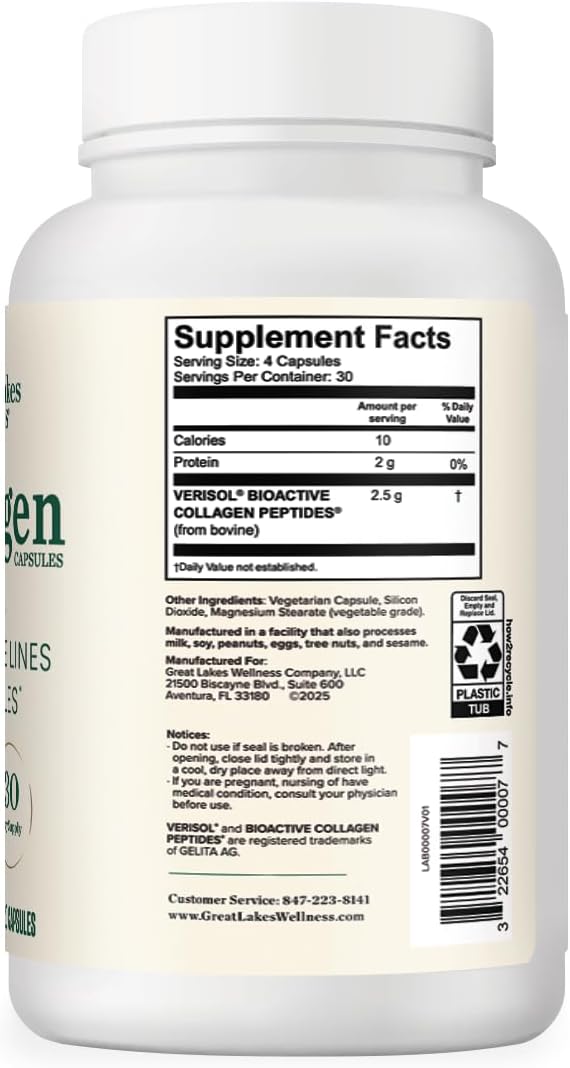 Great Lakes Wellness Collagen Pills for Men and Women, 120 Capsules – VERISOL® Collagen Peptides Types I & III for Hair, Skin, Nails, Joints, & Digestion Support, Hydrolyzed Collagen Supplement
