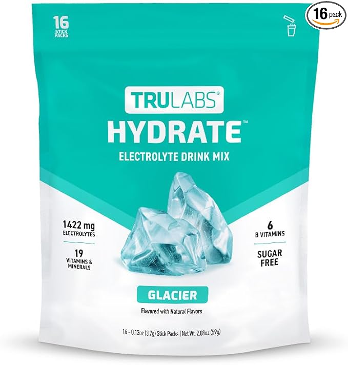 TRULABS Hydrate - Glacier. Sugar Free Electrolytes Hydration Packets. Each Serving Contains 1422 mg of Electrolytes &19 Vitamins & Minerals (16 ct)