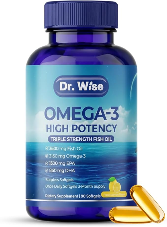 Triple Strength Omega 3 Fish Oil 3600mg – 1300mg EPA & 860mg DHA- Once Daily – Burpless Lemon Flavor, – Supports Heart, Brain, Joint & Eye Health – Wild Caught, Non-GMO, 90 Softgels, 3-Month Supply