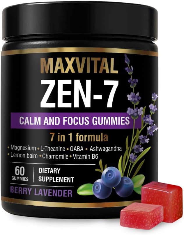 Zen-7 Calm & Focus Gummies – Sugar-Free Stress & Mood Support – Ashwagandha, L-Theanine, GABA, Lemon Balm, Chamomile, Magnesium & B6 – Berry Lavender Flavor – 60 Vegan Gummies