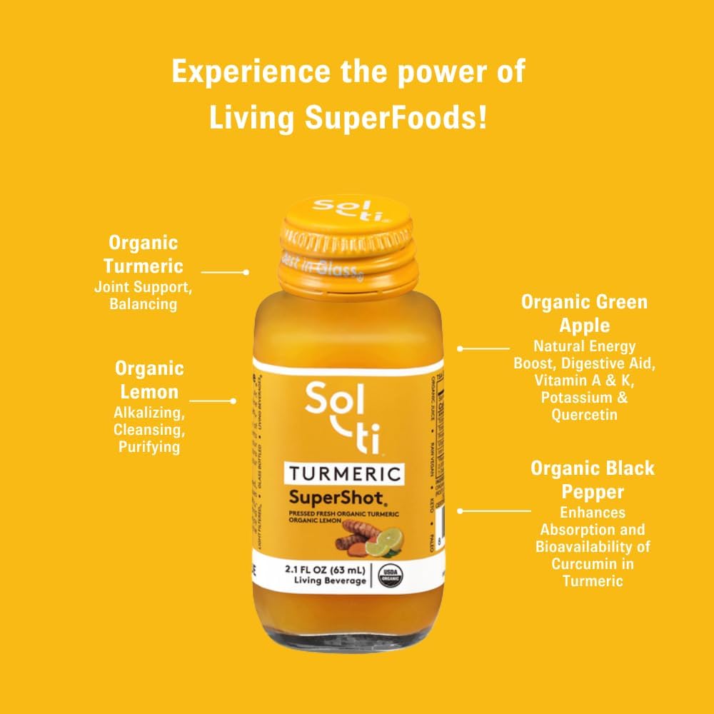 Sol-ti Organic Turmeric SuperShot Drink, Black Pepper Enhances Absorption and Bioavailability of Curcumin in Turmeric to Aid in Joint Support, SuperFood, 12 Pack (2.1 Fl oz)