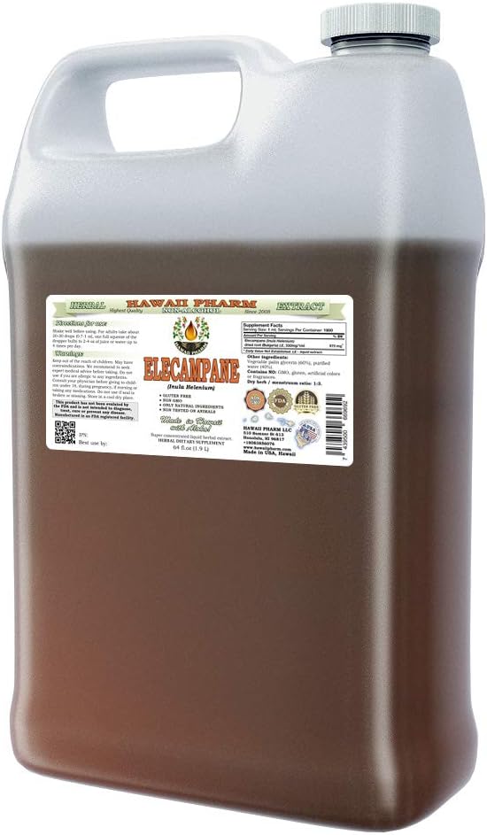 Elecampane Alcohol-Free Liquid Extract, Organic Elecampane (Inula Helenium) Dried Root Glycerite Hawaii Pharm Natural Herbal Supplement 64 oz