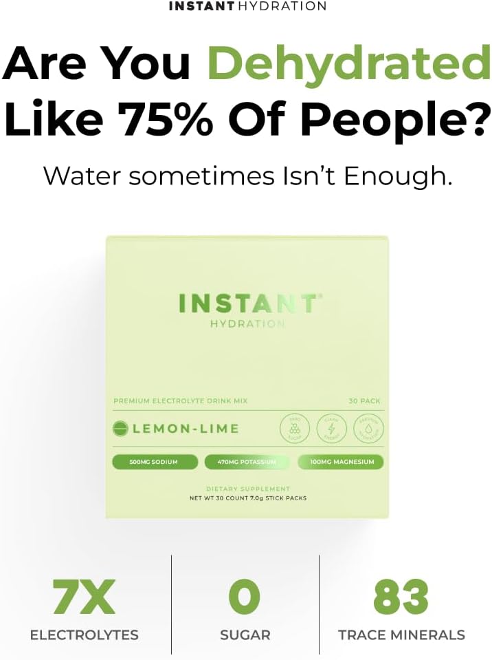 Instant Hydration Electrolytes Powder Packets - Lemon Lime Drink Mix - Zero Sugar - Keto, Vegan, Gluten-Free, Non-GMO - Boost Recovery, Brain Health, Muscle & Tissue Support- 30 Sticks
